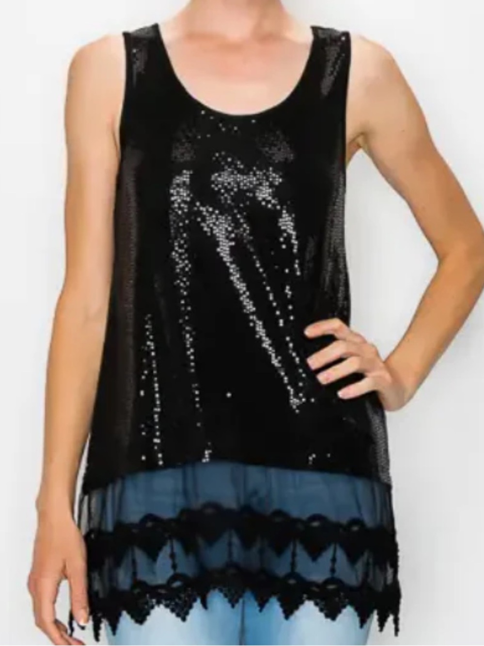 ORIGAMI apparel Black Sequin Tank Top with Crochet Lace Hem Size XXL